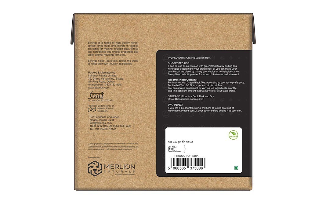 Elixings Organic Valarian Root Valeriana Officinalis Loose Leaf Cut   Box  340 grams